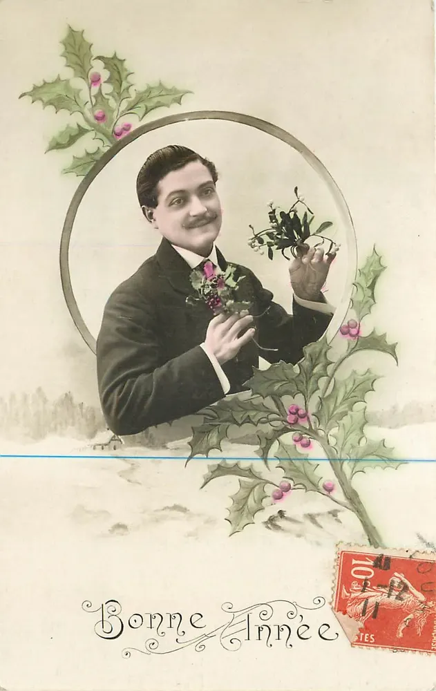 Man with mistletoe — New Year's greeting card — unidentified publisher, series number not visible - Front