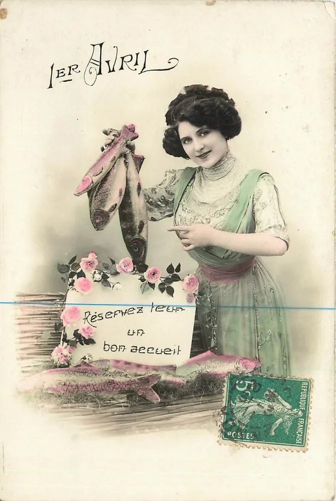 Mulher com peixes — 1º de Abril — editor desconhecido, número de série não visível - Frente