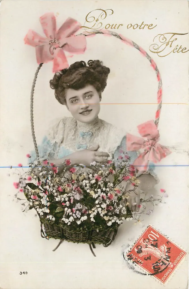 Jeune femme dans un panier de fleurs — Pour votre Fête — éditeur anonyme, n° 349 - Recto
