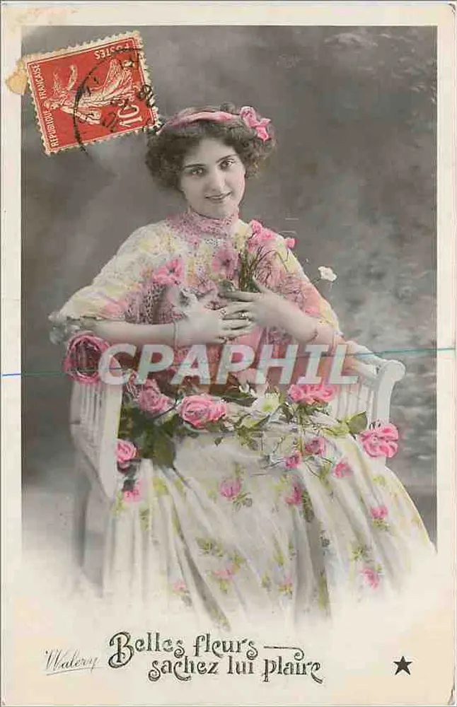 Femme en robe fleurie — 'Belle fleurs sachez lui plaire' — Waterop - Recto