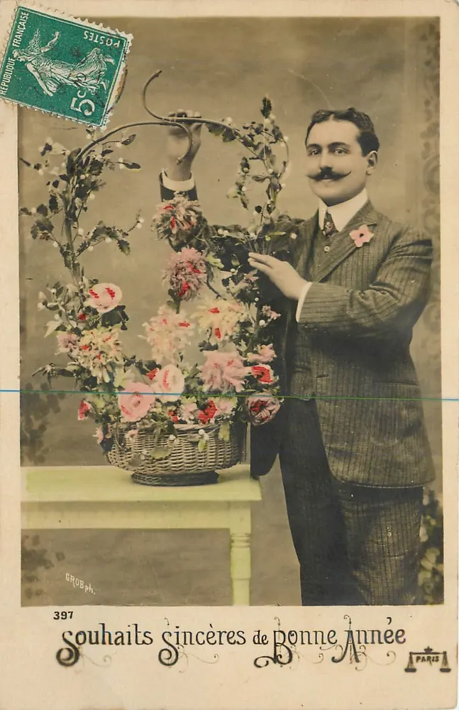 Man met bloemenkrans — Sincere wensen voor een goed jaar — GROBph. n°397, Parijs - Voorkant