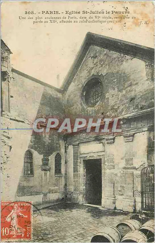 Paris - Église Saint-Julien-le-Pauvre — une des plus anciennes de Paris, datée du VIe siècle, restaurée en partie au XIIIe, affectée au culte catholique grec uni — J.H. éditeur - Recto