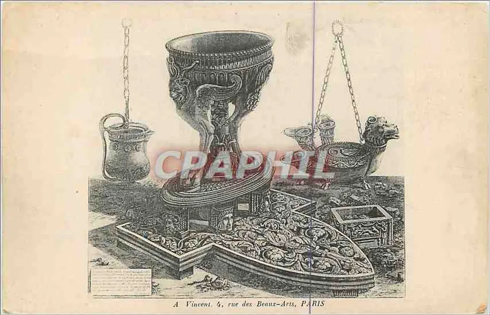 Taça e objetos decorativos — gravura — A Vincent, 4, rue des Beaux-Arts, PARIS - Frente