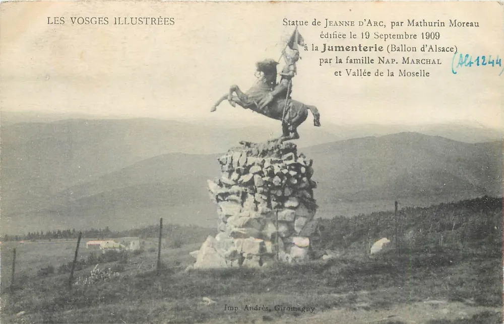Estátua de Joana d'Arc na Jumenterie — Ballon d'Alsace — por Mathurin Moreau — erguida em 19 de setembro de 1909 — editor Les Vosges Illustrées - Frente