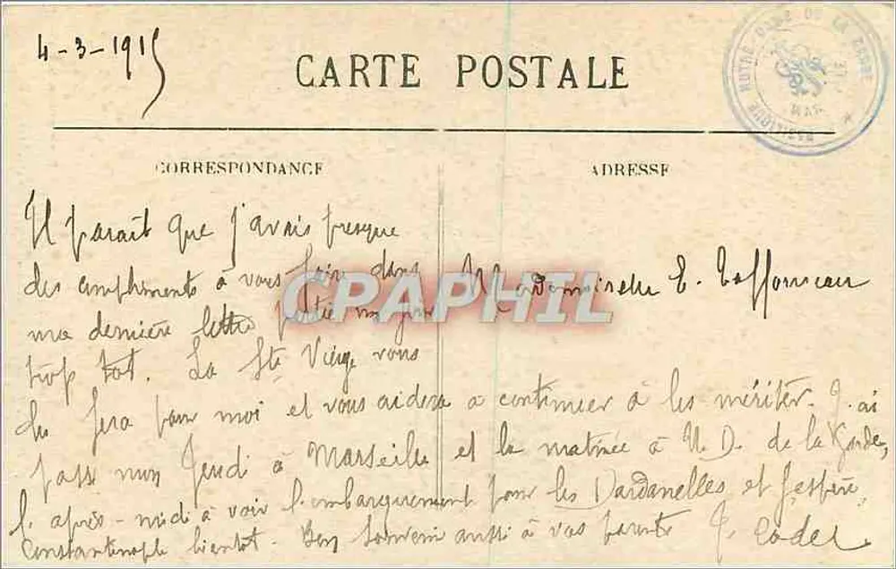 N.D. de la Garde - Estátua colossal (9773) sobre a Torre (15º) — Marselha — Editor: Edição especial da Basílica - Verso