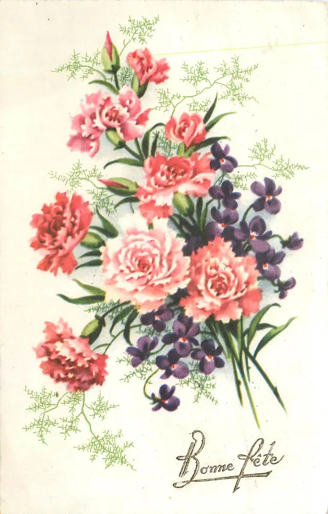 Bouquet van peonies en viooltjes — Gelukkige verjaardag — S. Jean de Montaigu, n° 23 April 46 - Voorkant