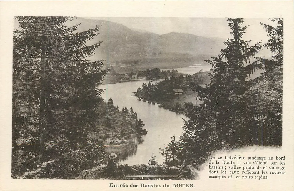 Entrada dos Bassins do DOUBS — vista desde um belvedere — texto impresso e assinatura do editor - Frente