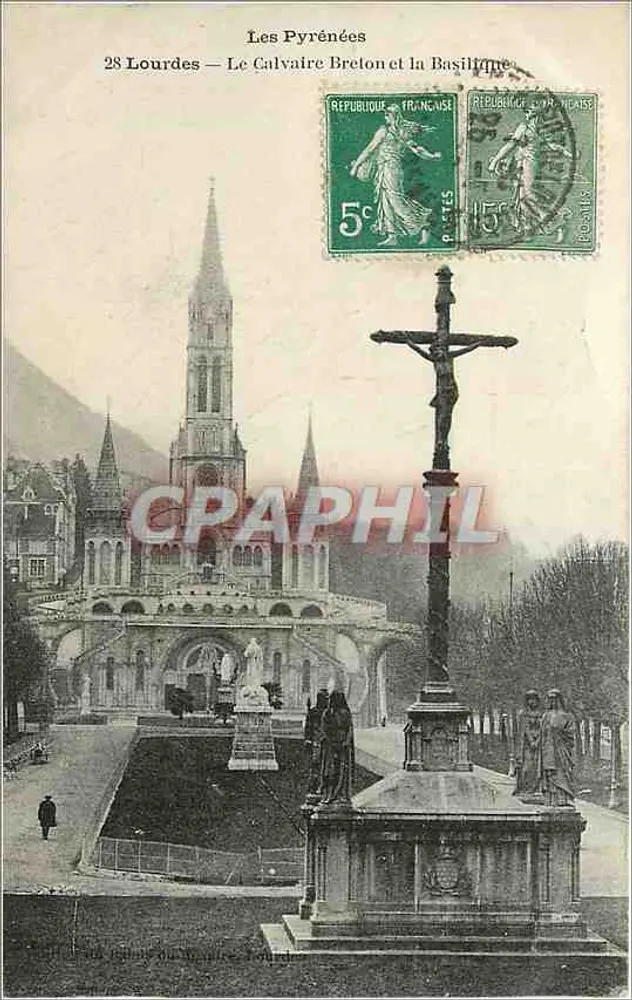 Lourdes — Le Calvaire Breton et la Basilique — Éditeur : L. P. & C. L. P. (n° 28) - Recto