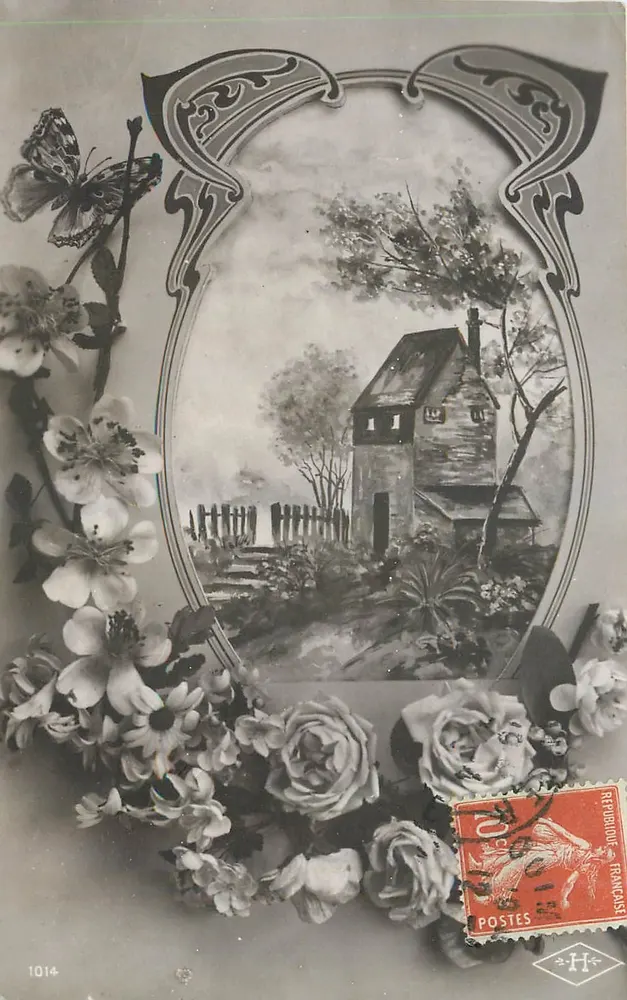 Paisagem rural com casa — moldura Art Nouveau e flores — editor desconhecido, n° 1014 - Frente