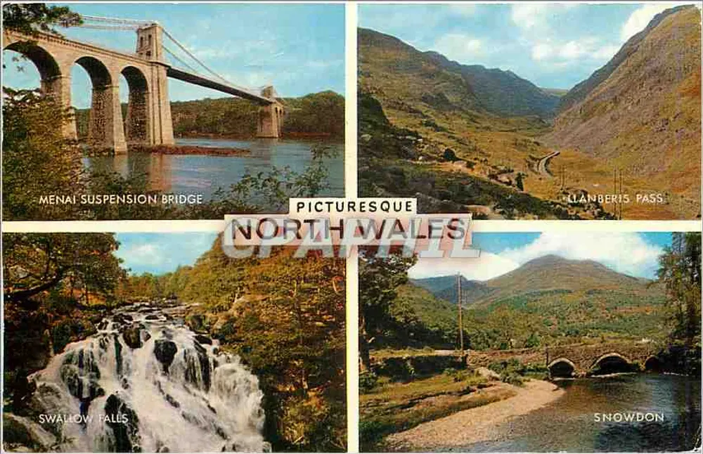 Menai Suspension Bridge — Clanberis Pass — Swallow Falls — Snowdon — Bilderhafte Nordwales — J. Salmon Cameracolor - Vorderseite