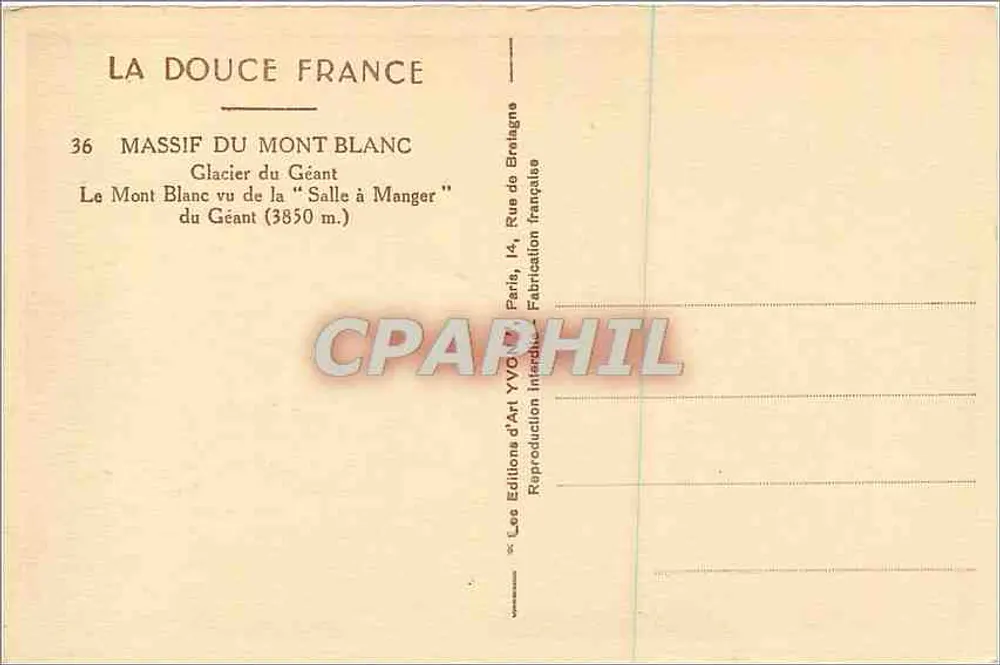 Massif do Mont Blanc — Glaciar do Gigante visto da « Sala de Jantar » (3850 m.) — Éditions d'Art YVO, Paris - Verso