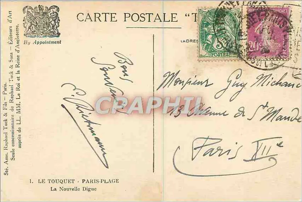 Le Touquet - La Nouvelle Digue — éditeur Raphael Tuck & Sons, n°1 - Verso