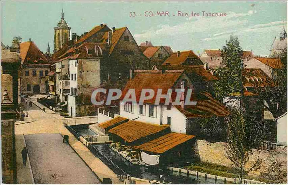 Colmar - Rue des Tanneurs — widok panoramiczny z kościołem i kanałem — wydawca Cartes 'La Cigogne', Strasbourg - Awers