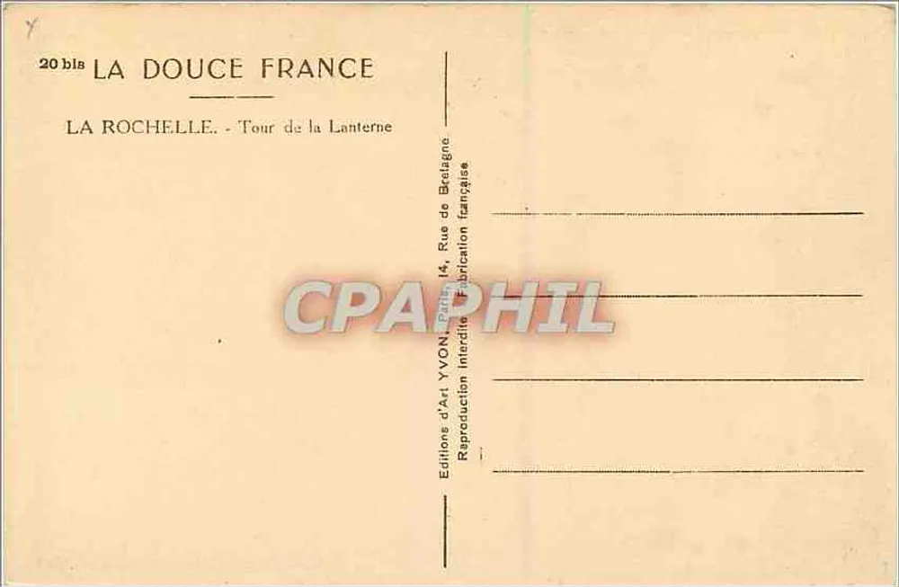 La Rochelle — Torre da Lanterna — Éditions d'Art YVON, Paris - Verso