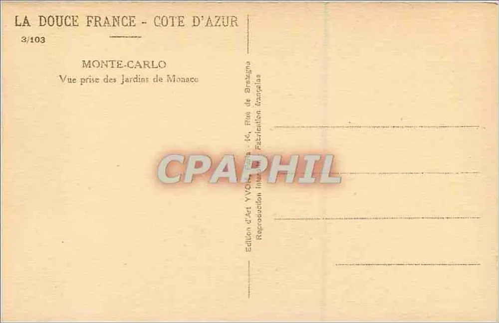 Monte-Carlo — Vue prise des Jardins de Monaco — Édition Yvocagne - Verso