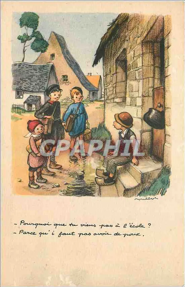 Kinder in einer Straße — Schulszene — Zeichnung von P. Naudet - Vorderseite
