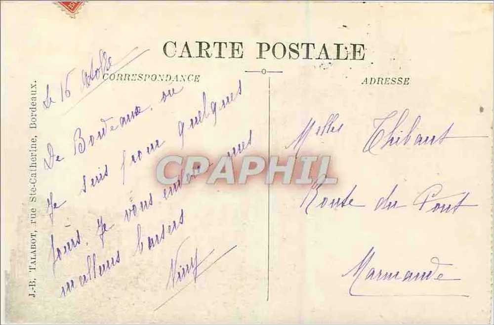 Ponte de Bordeaux — vista com barco a vela — editor J. B. Lefevre - Verso