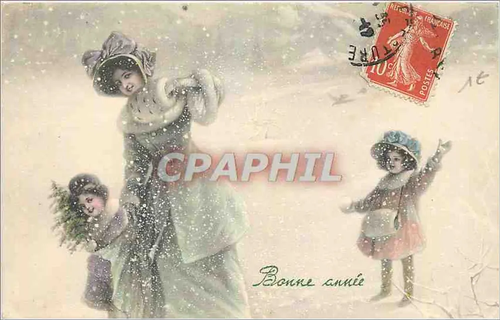 Famille enneigée — scène de Noël — éditeur V. K. VIENNE, n° 5030 - Recto
