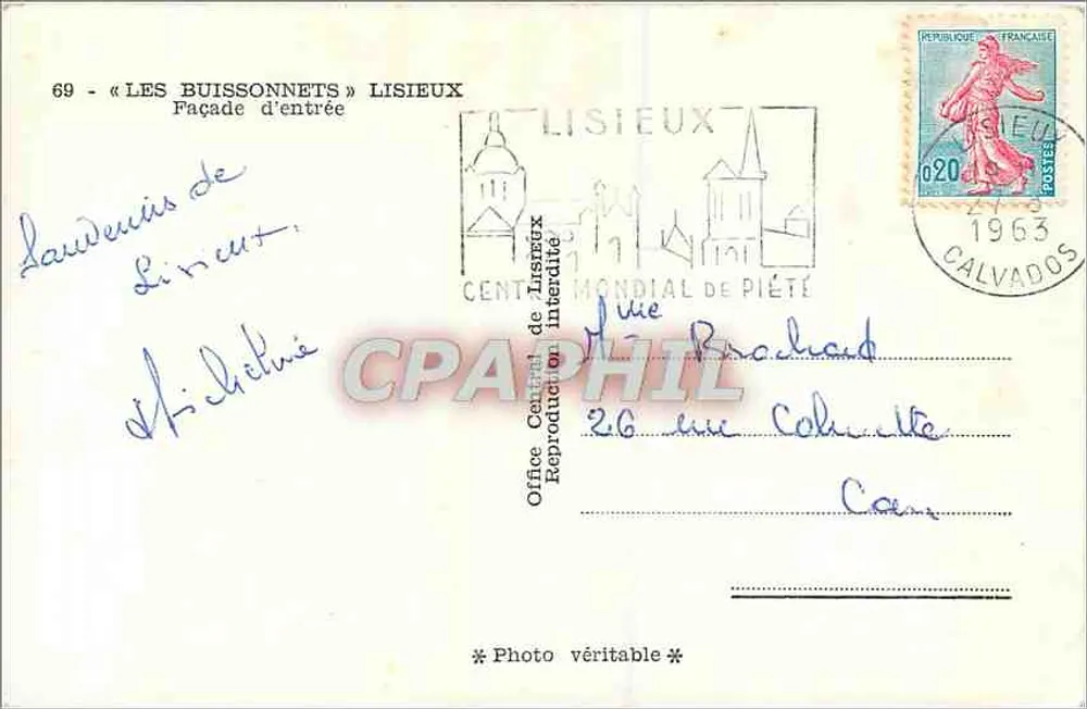 Les Buissonnets — Fachada de entrada — Office Central de Lisieux - Verso