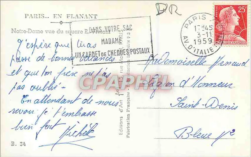 Nossa Senhora de Paris — visão do square R. Viviani — Éditions de Cheque Postaux - Verso
