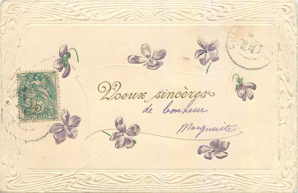Votos sinceros de felicidade — Marguerite — União Postal Universal - Frente