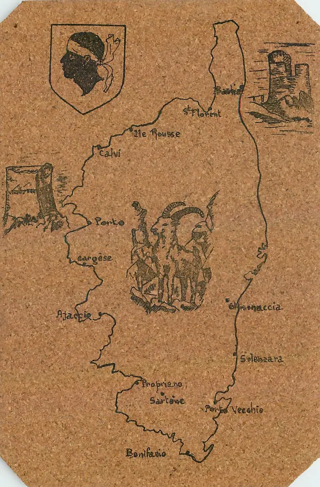 Carta postal de cortiça representando um mapa da Córsega — editor impressor na França - Frente