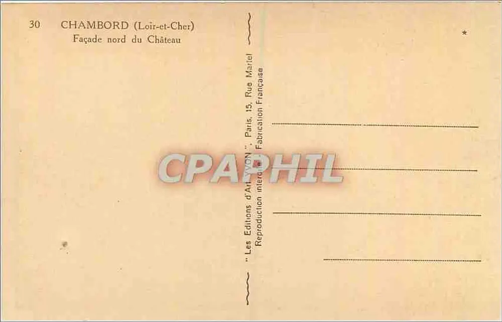 Chambord (Loir-et-Cher) — Façade nord du Château — Éditions d'Art Marlet - Verso
