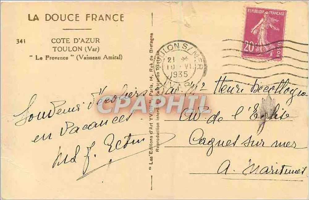 Le Vaisseau Amiral — Côte d'Azur — Éditions d'Art YVON, Paris - Verso