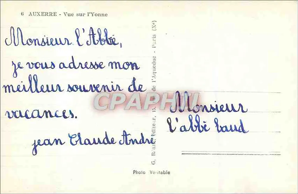 Auxerre — Vista sobre a Yonne — G. Raux, editor - Verso