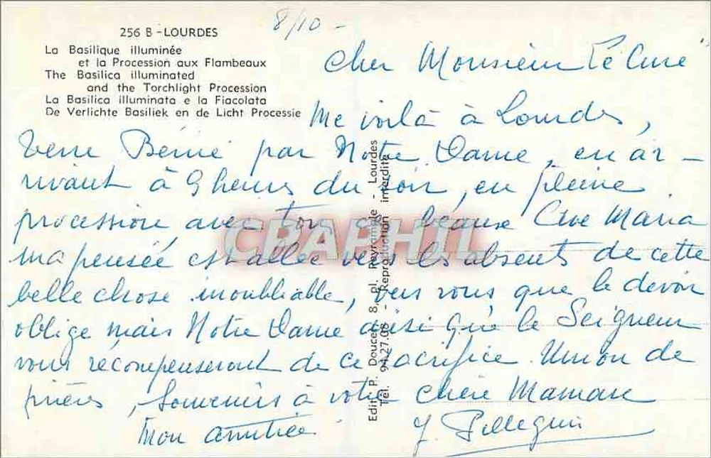 Lourdes — Die beleuchtete Basilika und die Prozession mit Fackeln — Verleger P. Doucet, n° 256 B - Rückseite