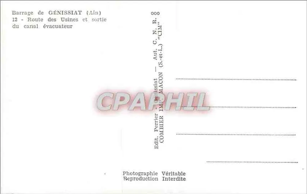 Staudamm von Génissiat — Route des Usines und Auslauf des Entwässerungskanals — Edit. Perrier, Combier - Rückseite