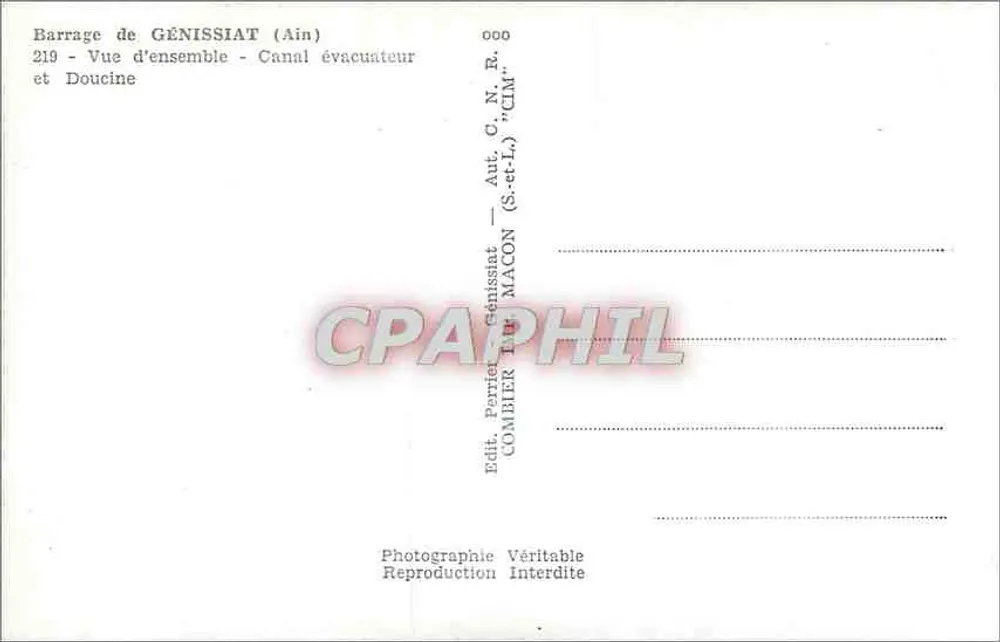 Staudamm von Génissiat (Ain) — Gesamtaufnahme — Entwässerungskanal und Doucine — Verlag: Perrier Combier, Autun - Rückseite