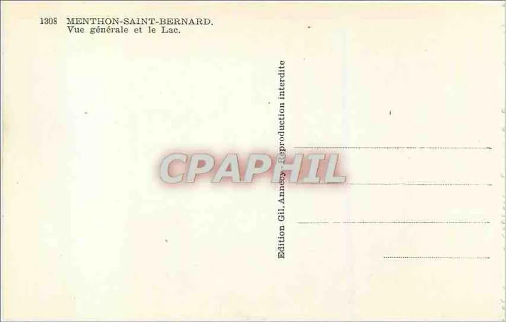 Menthon-Saint-Bernard — Vista geral e o lago — Edição Gil, Annecy, n° 1308 - Verso