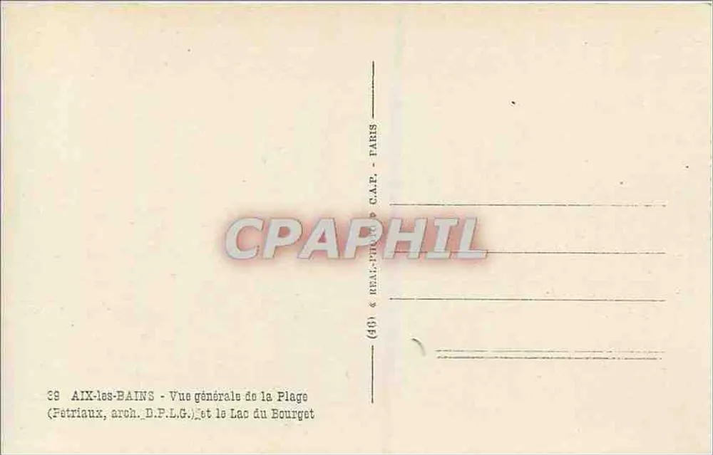 Aix-les-Bains — Vista geral da Praia e o Lago do Bourget — Pétriaux, arq. D.P.L.G. - Verso