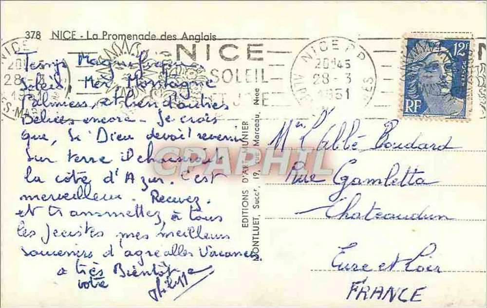 Nice — A Promenade dos Ingleses — visão da praia e do porto — Éditions d'Anunier, n°378 - Verso