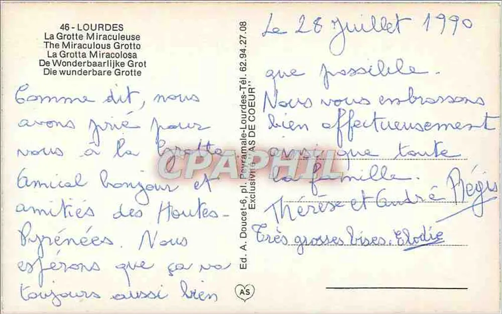 A Gruta de Lourdes — editor Ed. A. Doucet-6, pl. Ravemale-Lourdes - Verso