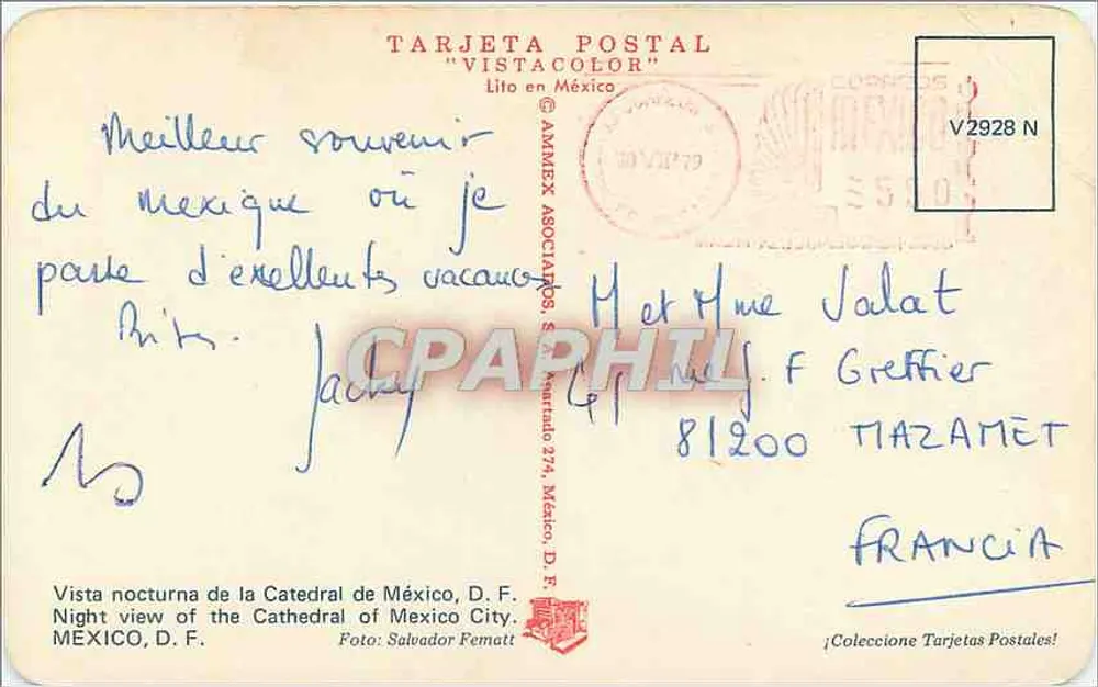 Catedral de México — vista noturna — Tarjeta Postal 'VistaColor' por Salvador Fematt - Verso