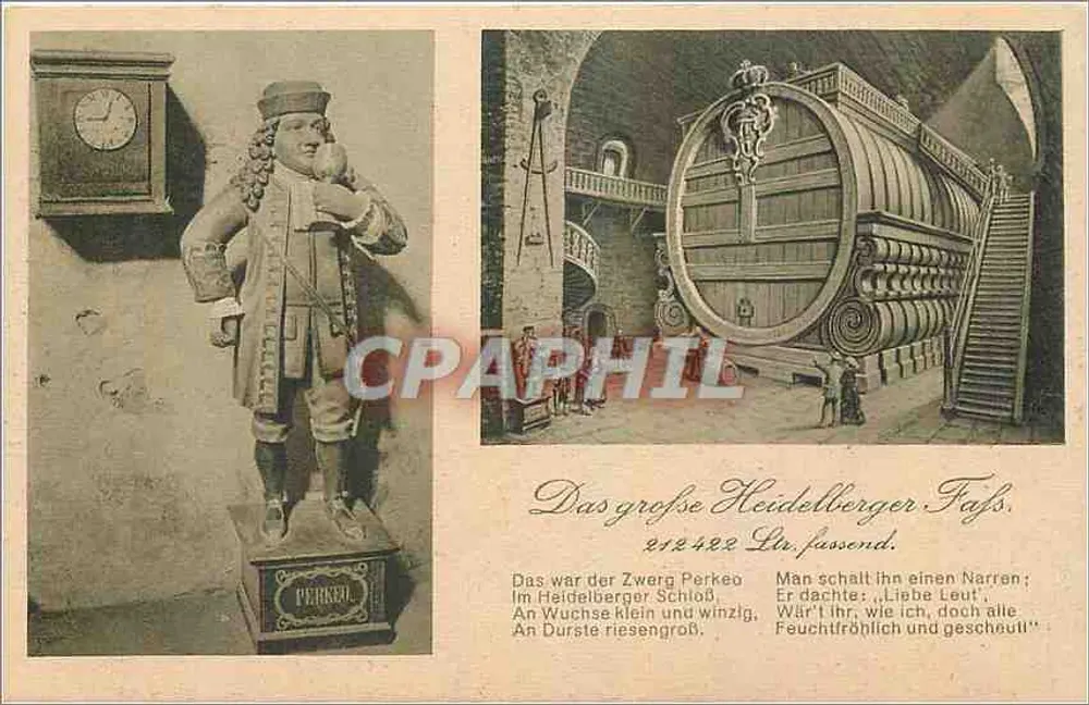 El gran barril de Heidelberg — estatua del « Perkeo » — editor Carl Knoblauch, n° 14 - Anverso