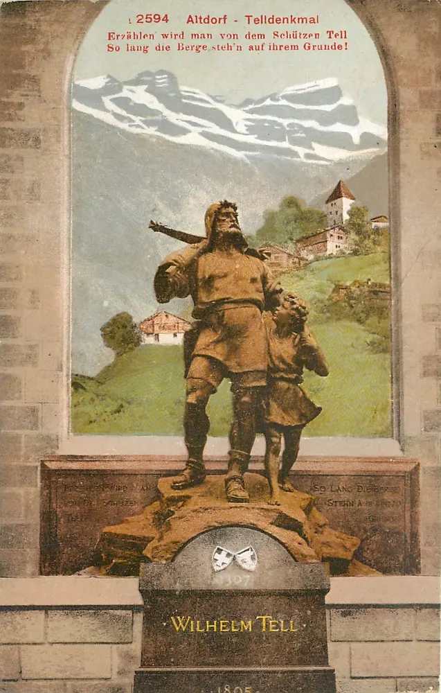 Altdorf - Telldenkmal — statue de Wilhelm Tell avec son fils — édition Phototylo, Zürich - Recto