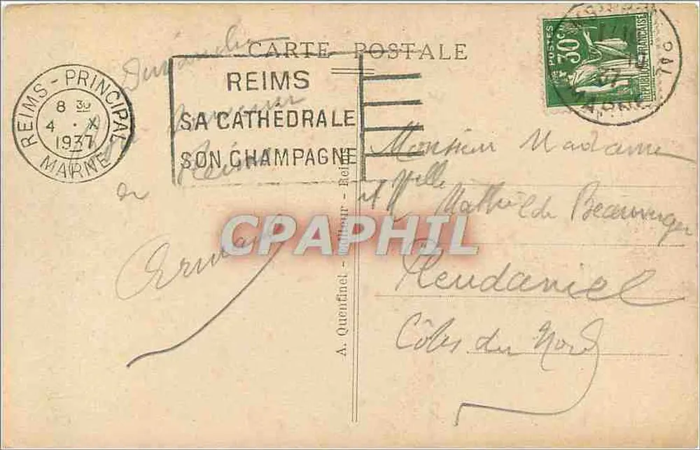 Reims — A Catedral — Editor: A. Quenfinel, n° 200 - Verso