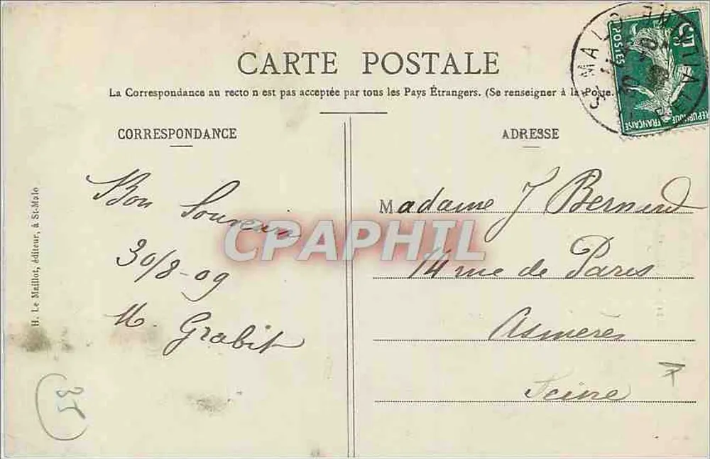 St-Malo - A Torre Nossa Senhora da Côte d'Émeraude — H. Le Maillot, editor, n° 58 - Verso