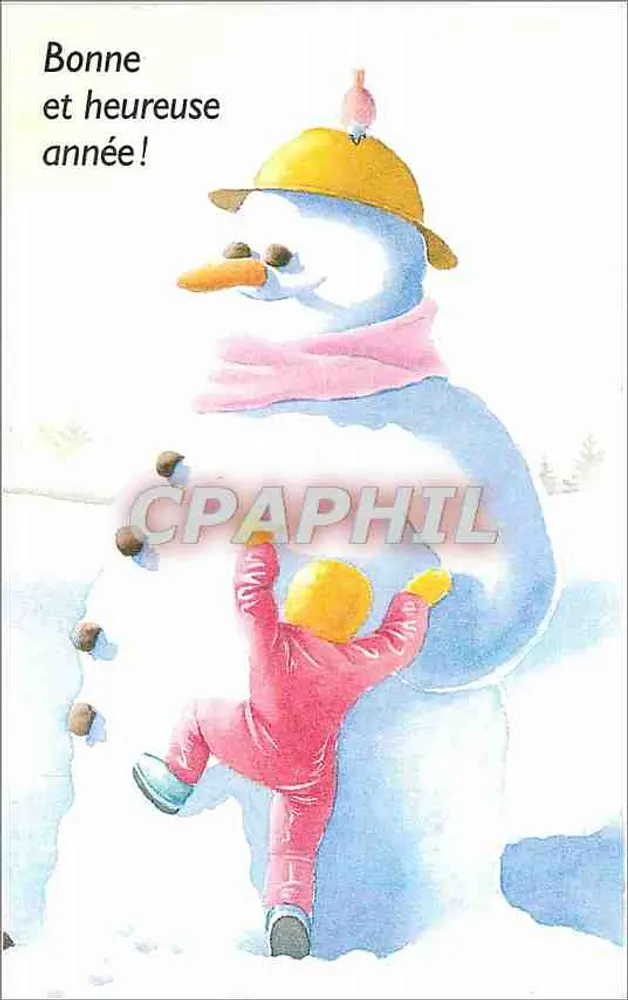Criança escalando um homem de neve — Boa e feliz ano novo! — editor não visível - Frente