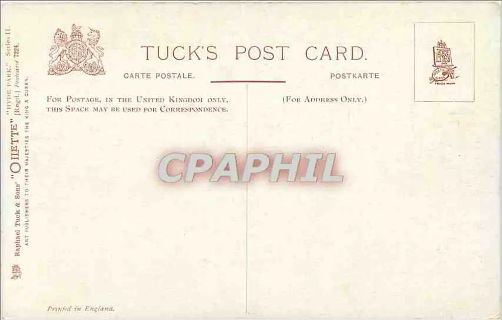 Hyde Park Corner — Londres — Tuck's Post Card, série II - Verso