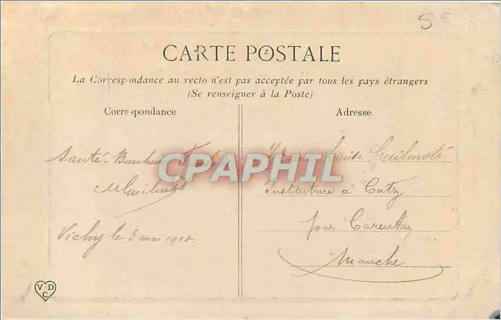 La Bouverée d'Auvergne — Afeição Guinard, Vichy, 1910 - Verso