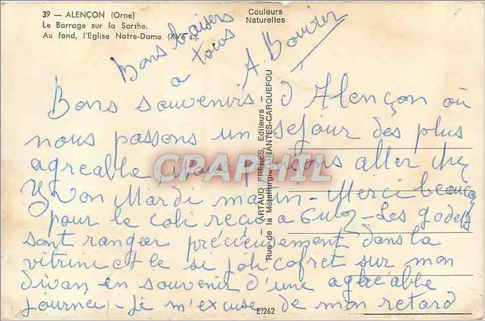Alençon (Orne) — O Barragem sobre a Sarthe, com a Igreja Notre-Dame no fundo — Artaud Frères, Editores, Alençon - Verso