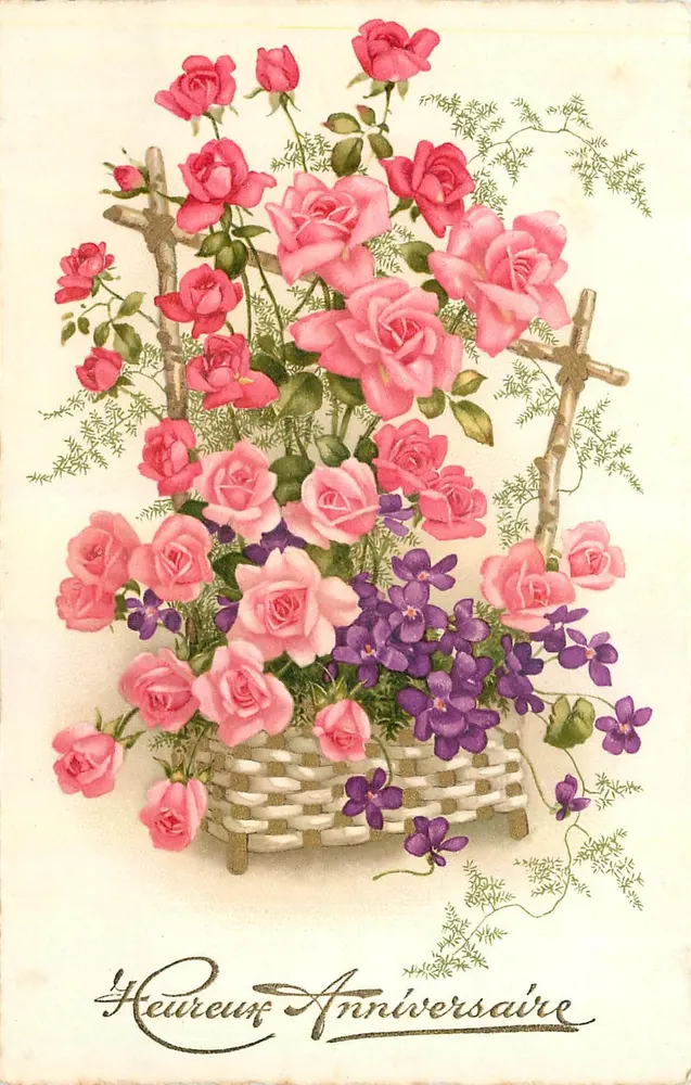 Arranjo de rosas e violetas — 'Feliz Aniversário' — editor Delille, n° 12 - Frente