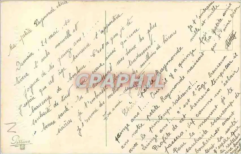 Arranjo de rosas e violetas — 'Feliz Aniversário' — editor Delille, n° 12 - Verso