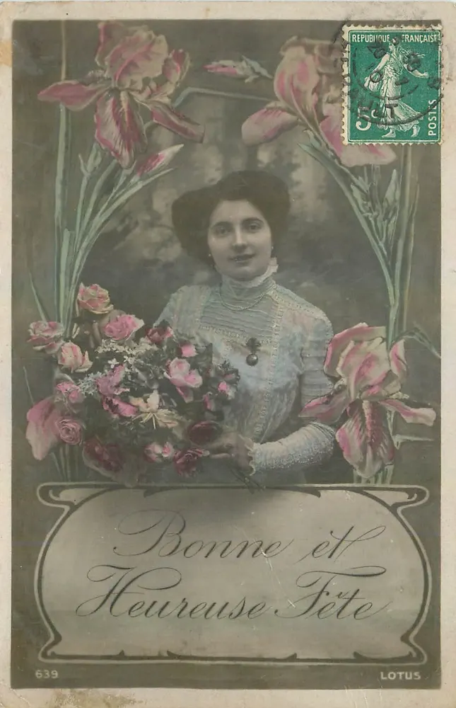 Frau mit Blumenstrauß — Frohe und Glänzende Feier — Verleger LOTUS, Nr. 639 - Vorderseite