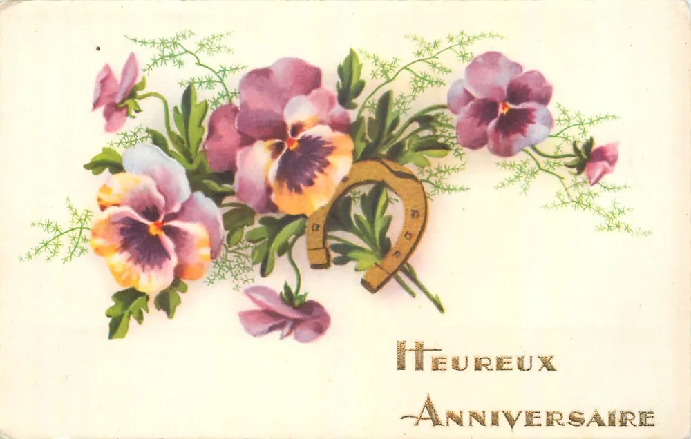 Flores e estribos — Feliz Aniversário — Impresso na França, Paris - Frente