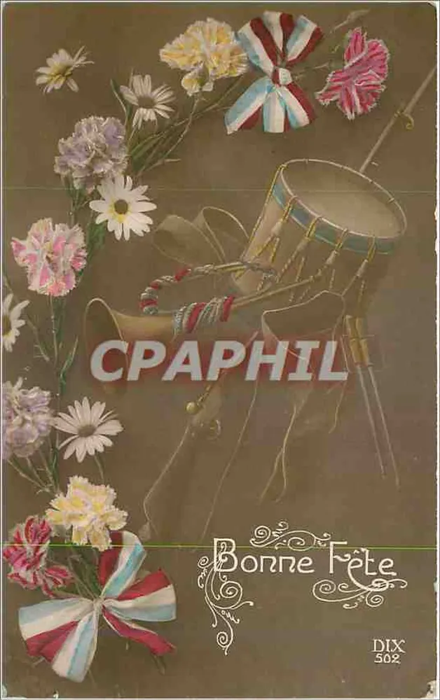 Blumen und Trommel — Frohe Geburtstagskarte — DIX 502 - Vorderseite